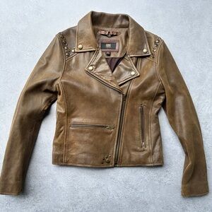 Frye Olive Brown Studded Leather Moto Jacket